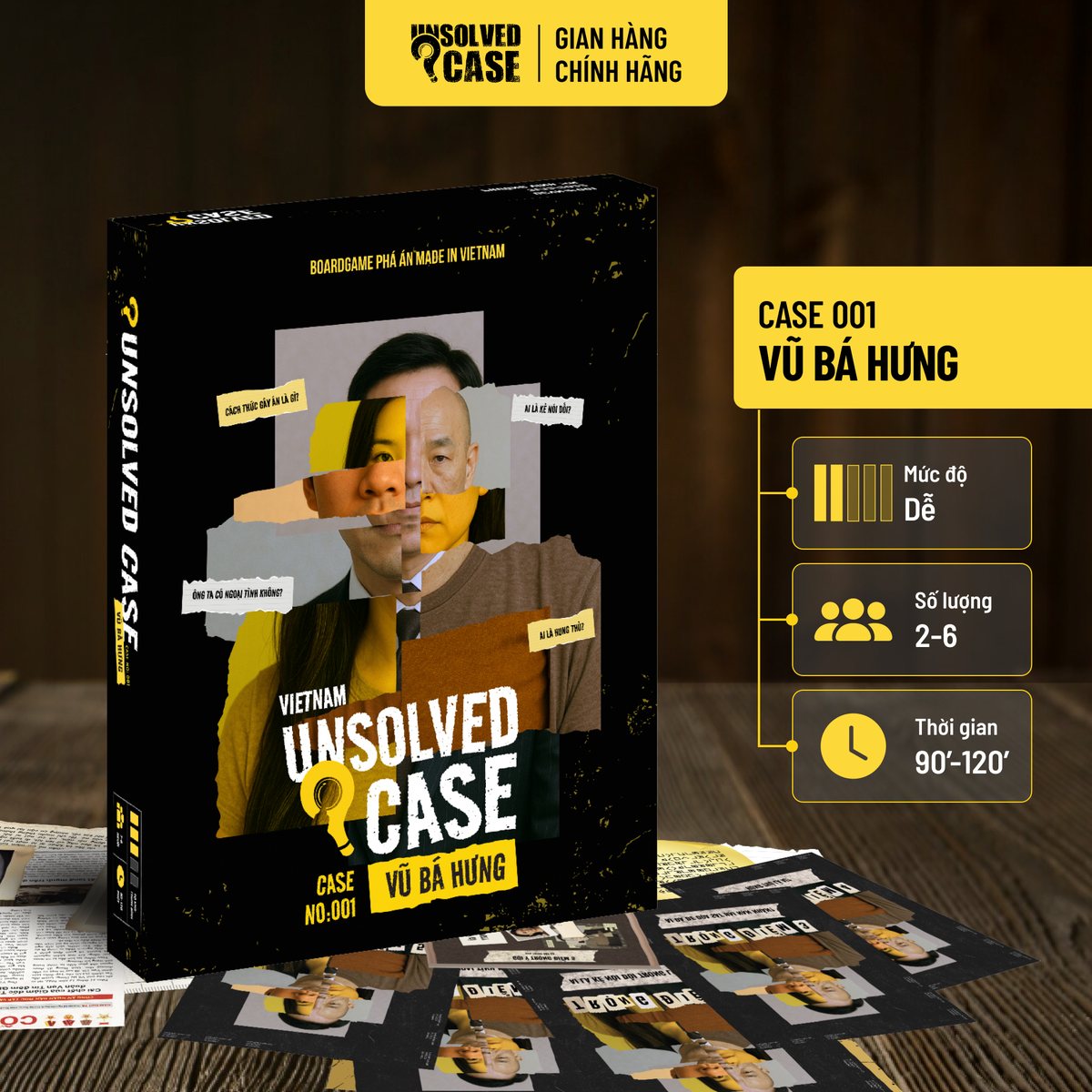 Hộp game Case 001 Vũ Bá Hưng trên bàn gỗ, hồ sơ trải phía trước; mặt hộp ghi mức độ Dễ, 2–6 người, 90–120 phút
